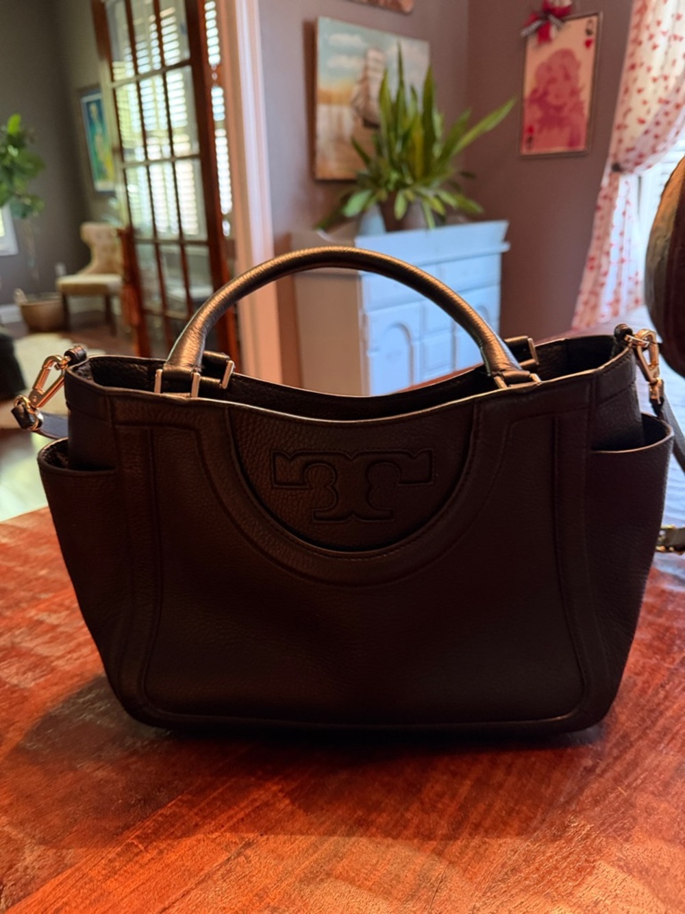 Tory Burch Black Pebbled Leather Top-Handle Satchel